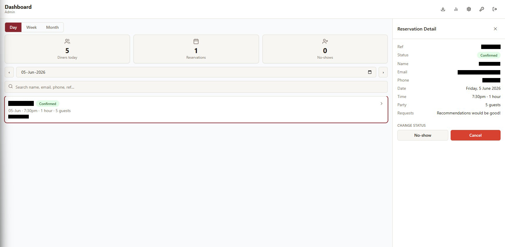 Staff dashboard — day view with reservation detail sidebar