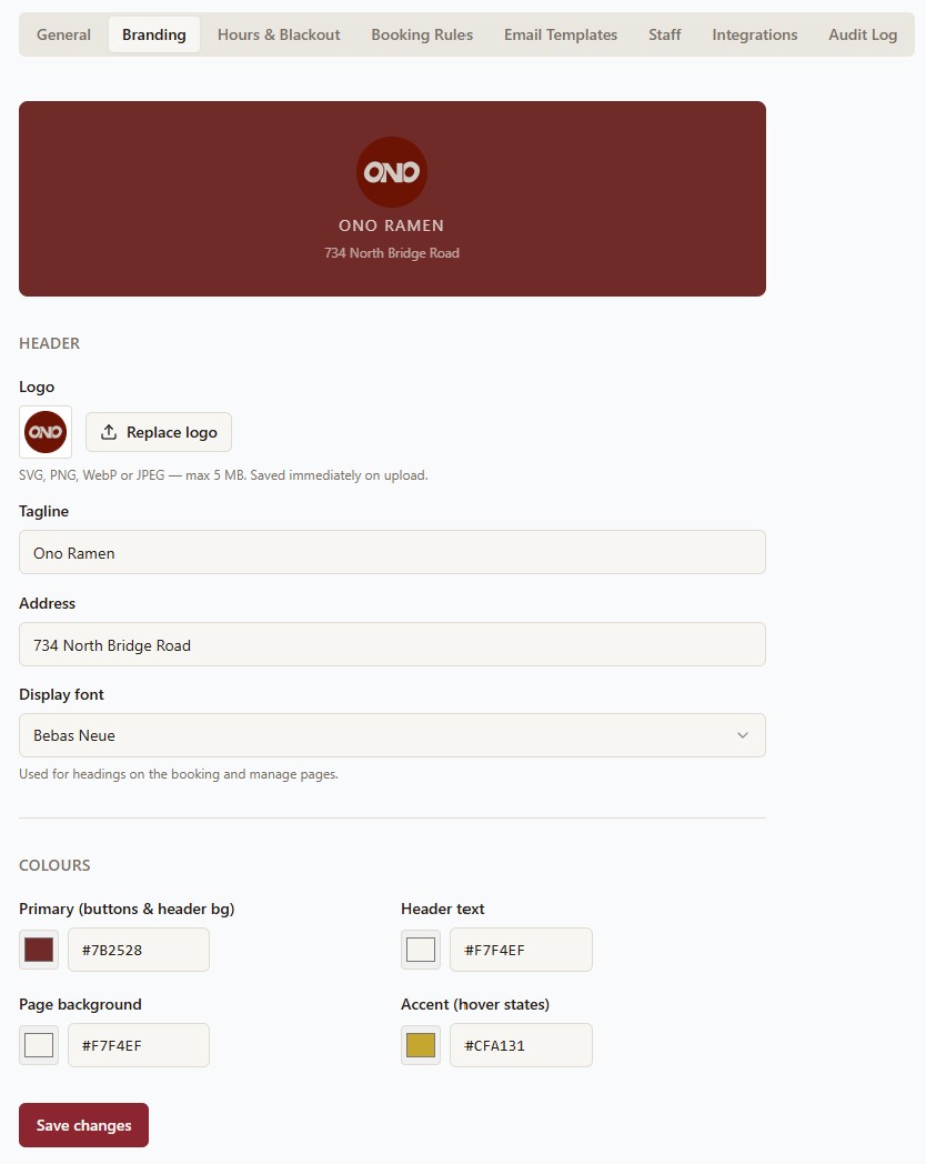 Branding settings tab — colour picker and font selector