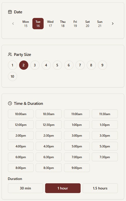 Booking flow — calendar and time slot selection