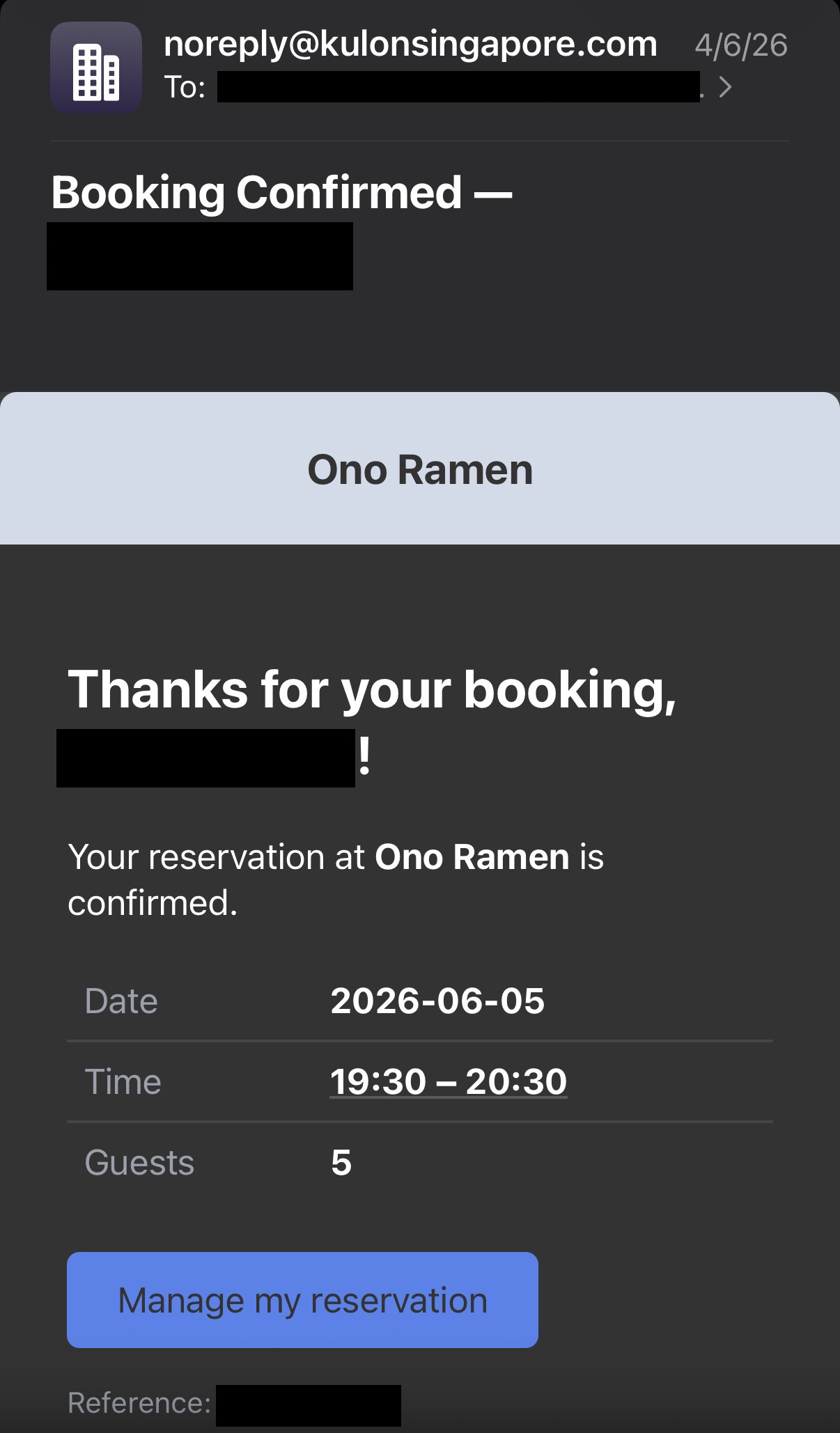 Booking confirmation and manage reservation screen